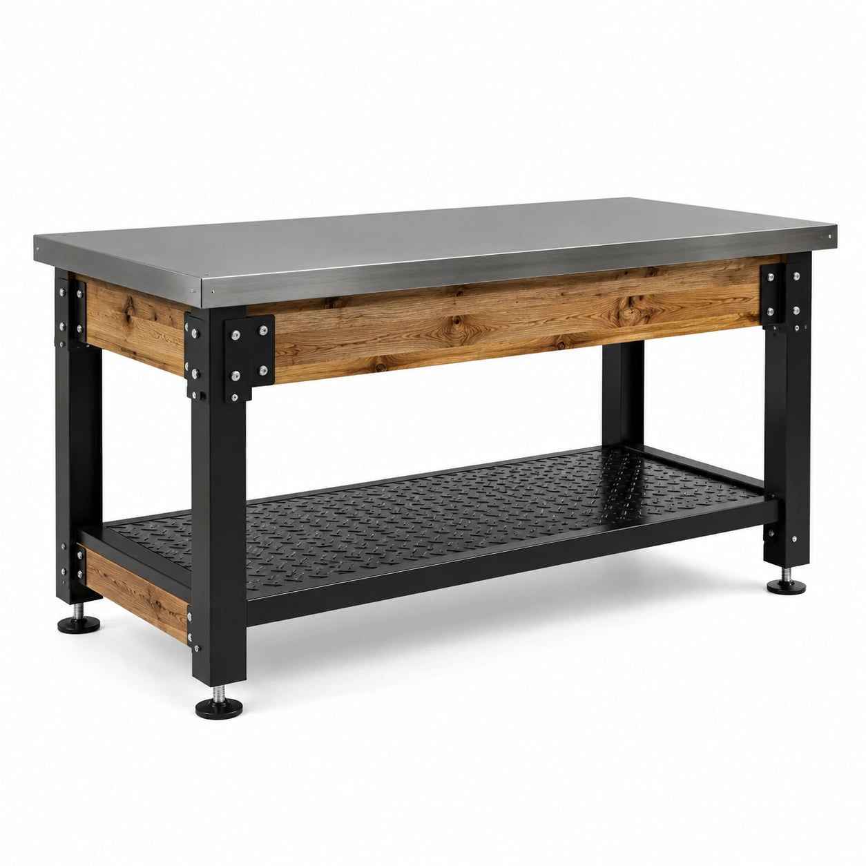 Banco da lavoro in acciaio e legno con ripiano nero, 150x60x90 cm