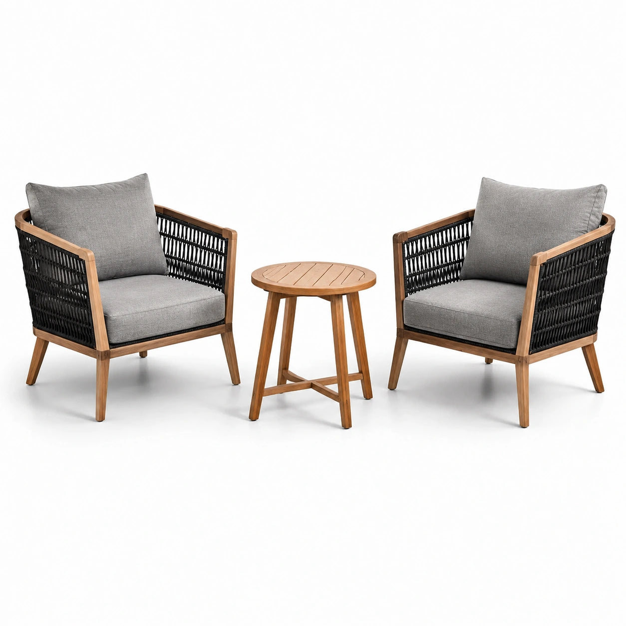 Set bistrot da esterno in legno di teak e corda con poltrone e tavolino