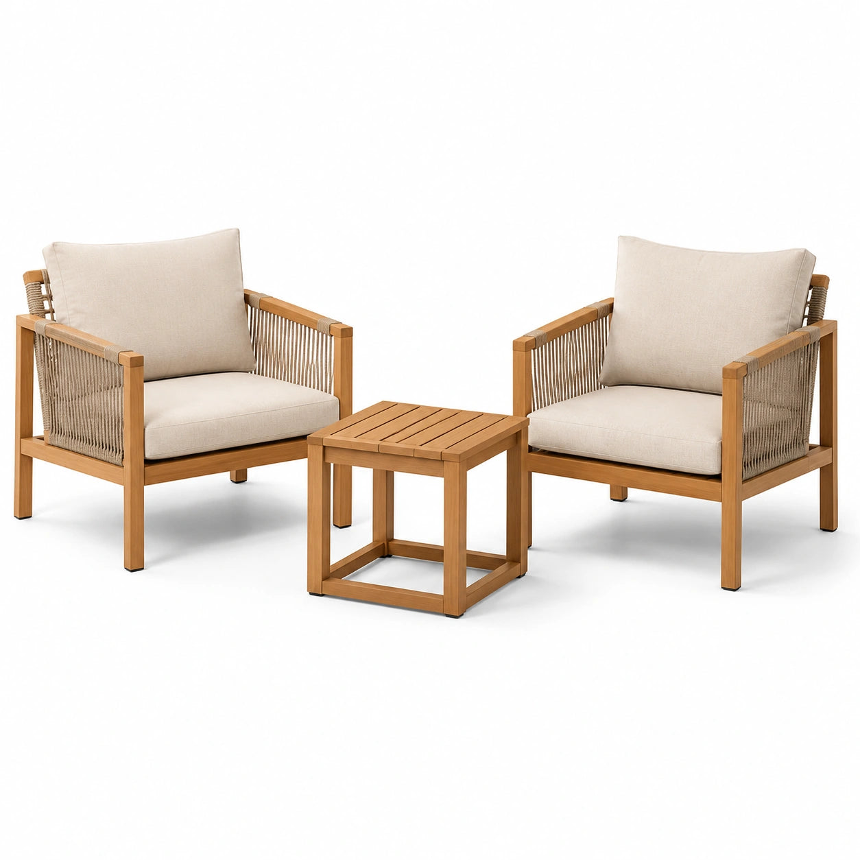 Set Giardino in Legno con Poltrone e Tavolino Quadrato Beige