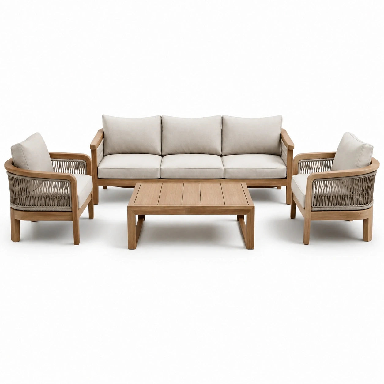 Set da salotto per esterni in legno di teak con cuscini beige
