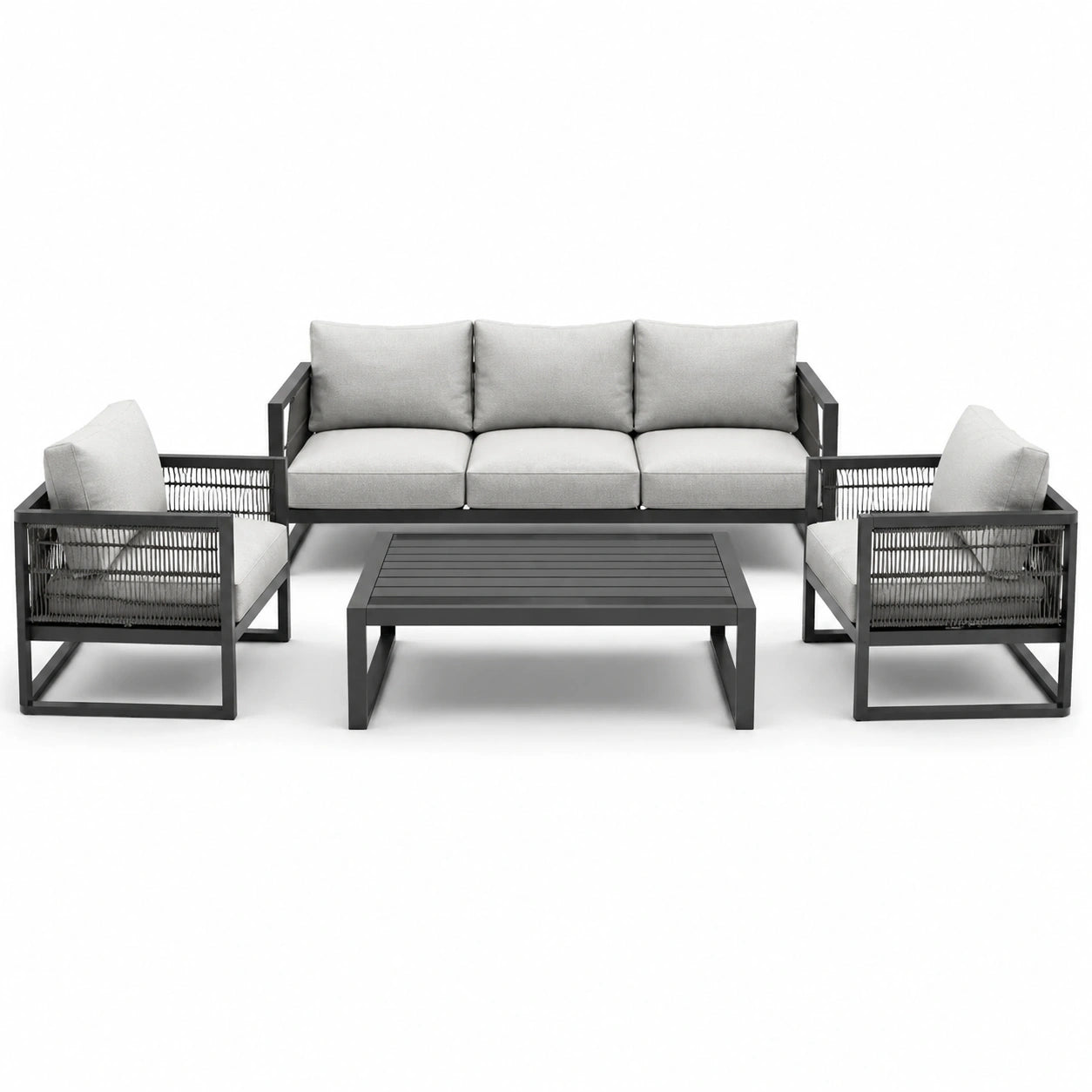 Set di mobili da giardino in alluminio con cuscini in poliestere grigio