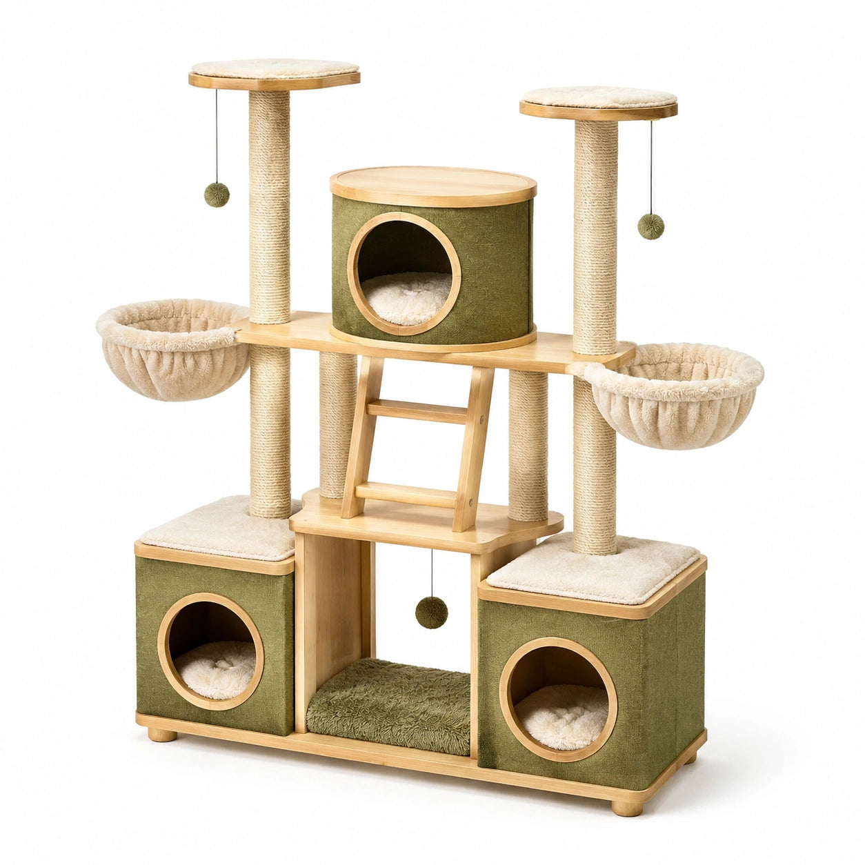 Albero tiragraffi per gatti in legno e sisal con letti e cucce verdi e beige