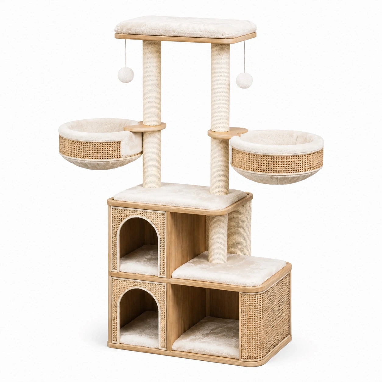 Albero Tiragraffi in Legno MDF, Rattan e Sisal per Gatti, Beige, 140 cm