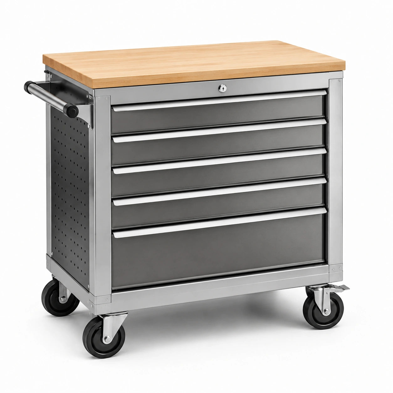 Carrello portautensili in metallo con piano in legno e 6 cassetti grigio