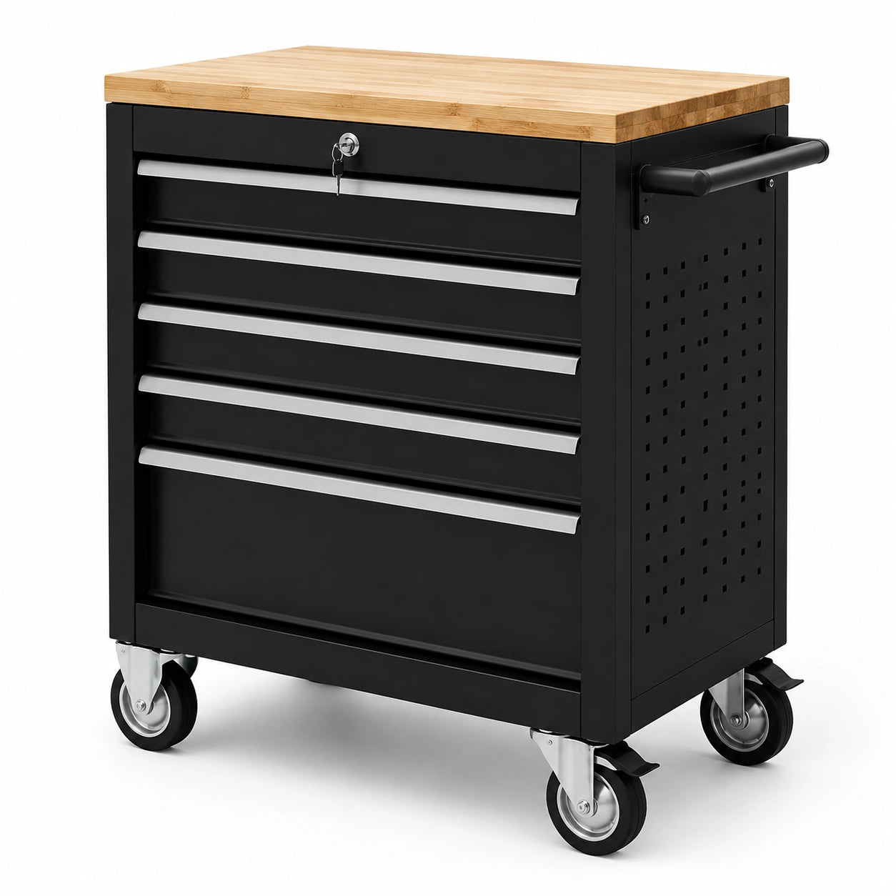 Carrello portautensili nero con 5 cassetti e piano in legno