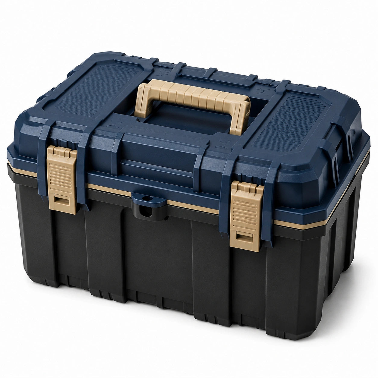 Cassetta degli attrezzi in plastica nera, blu e beige con maniglia