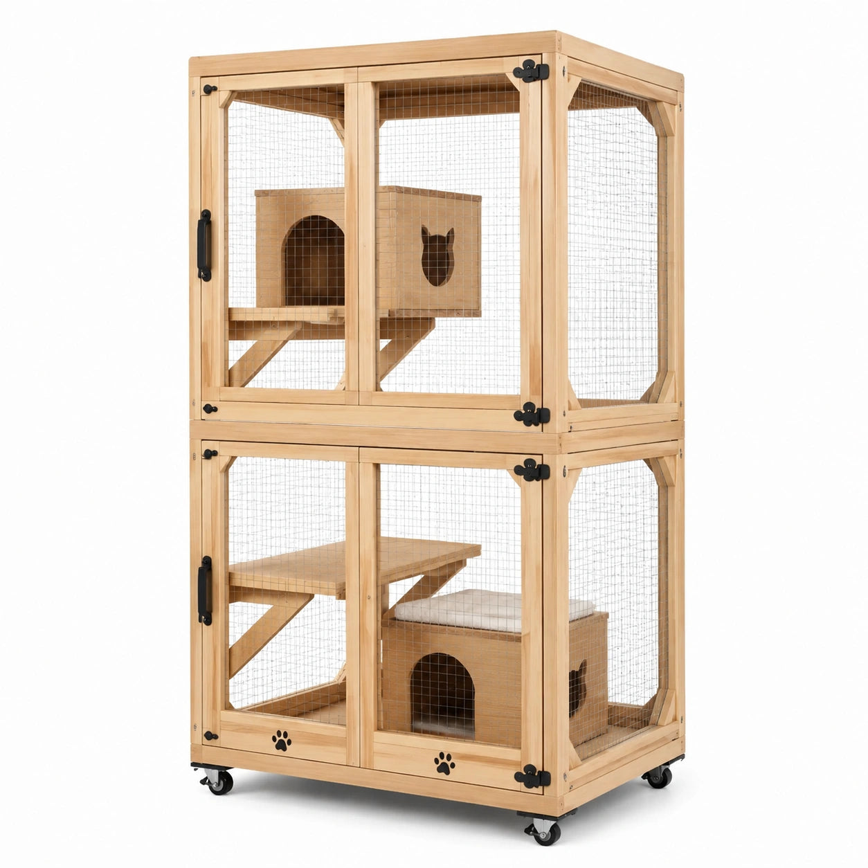 Gabbia in legno a due livelli per gatti con ruote