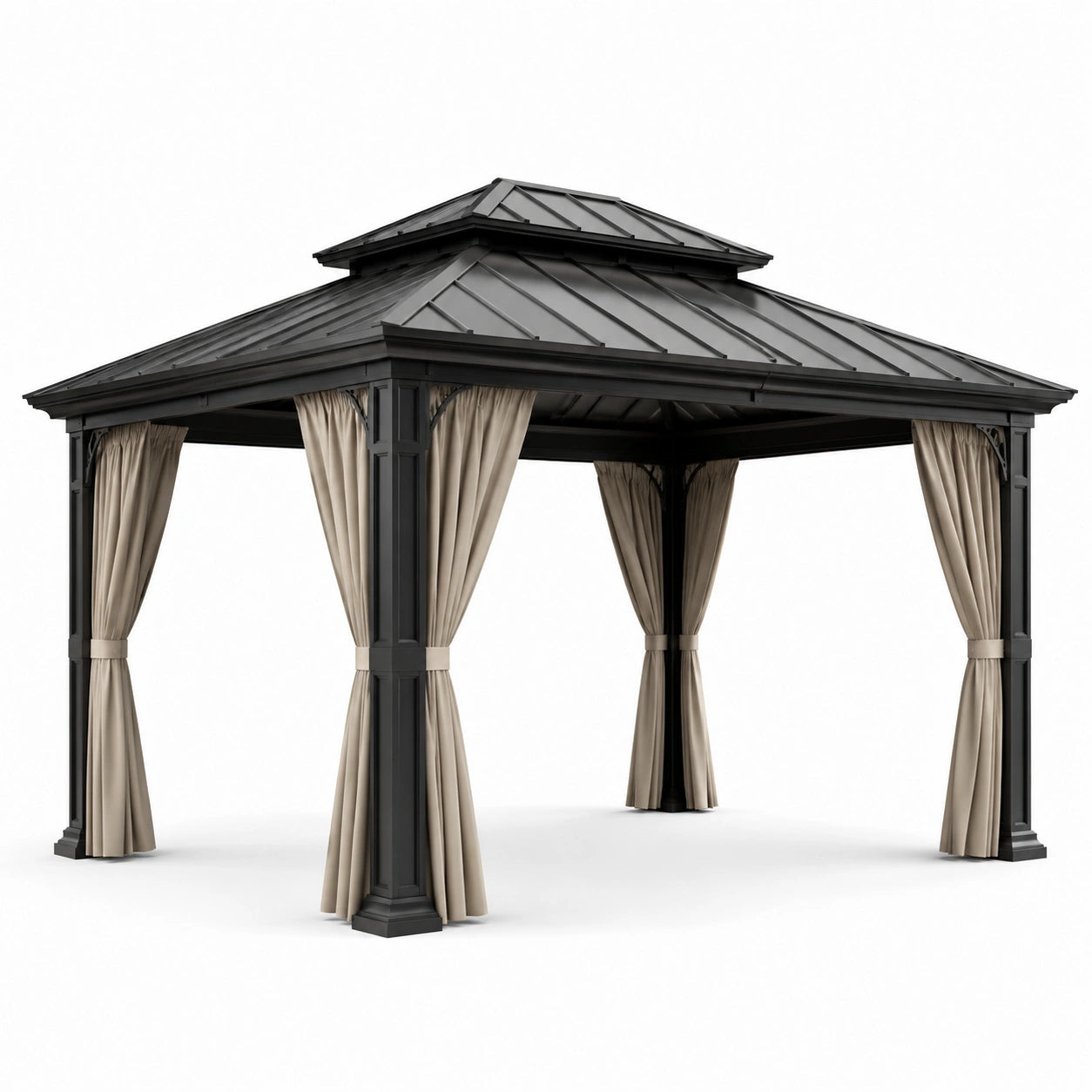 Gazebo in Metallo con Tetto a Doppio Livello e Tende in Poliestere 3x3m
