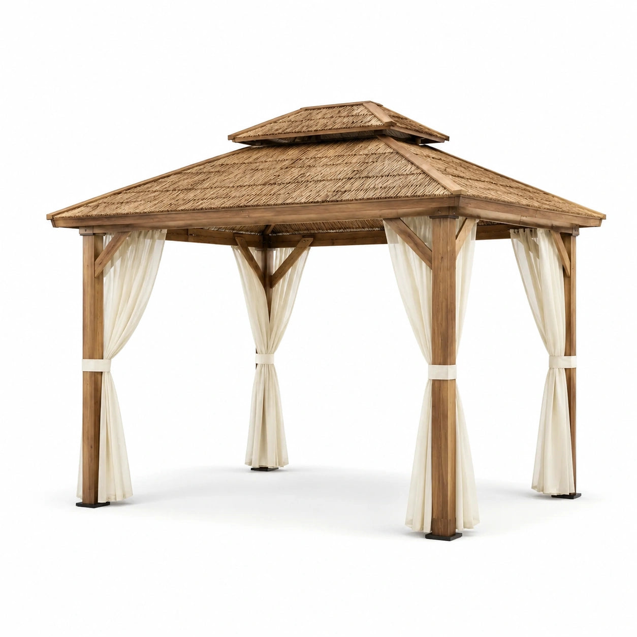 Gazebo in legno con tetto in paglia e tende in poliestere