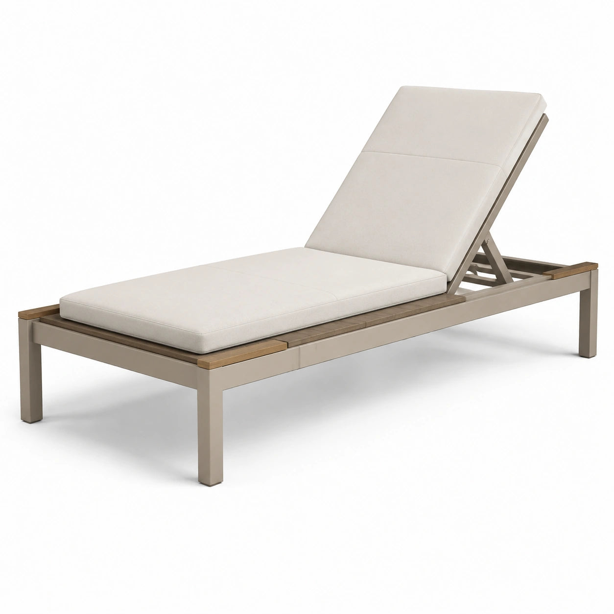 Lettino prendisole in metallo e legno con cuscino regolabile beige
