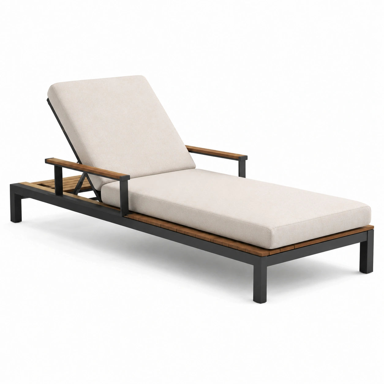 Lettino prendisole in alluminio e legno di acacia con tessuto beige